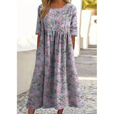 Women’s Embroidered Midi Dress Floral Patchwork Boho Casual Loose Fit Summer Dress with Pockets