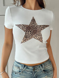 Women's Y2K Sexy Leopard Print Short Sleeve T Shirt Crew Neck Slim Fit Waist Casual Tops for Spring Summer