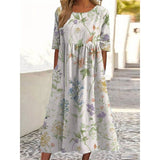Women’s Embroidered Midi Dress Floral Patchwork Boho Casual Loose Fit Summer Dress with Pockets