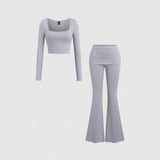 Women's Grey Casual Two Piece Outfit Square Neck Long Sleeve Crop Top and High Waist Flare Pants Coordinated Set
