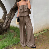 Women's Two-Piece Linen Short Set with Ruffled Top, Casual Beach Vacation Flowy Lounge Pants