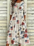 Women’s Embroidered Midi Dress Floral Patchwork Boho Casual Loose Fit Summer Dress with Pockets
