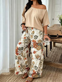 Women's 2 Piece Casual Outfit, Off Shoulder Short Sleeve Solid Blouse and Floral Print Wide Leg Pants Set, Summer Co Ord