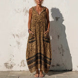 Women’s Leopard Print Maxi Dress Sleeveless Hooded Loose Fit Casual Beach Vacation Dress with Pockets