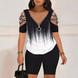 Women Plus Size Printed 2 Piece Outfit, Short Sleeve Zipper Top & Casual Shorts Set, Fashion Tracksuit for Daily Outdoor