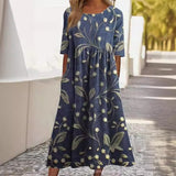 Women’s Embroidered Midi Dress Floral Patchwork Boho Casual Loose Fit Summer Dress with Pockets