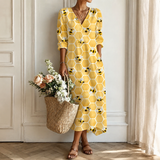 Women's Boho Floral Print Maxi Dress, V Neck 3/4 Sleeve Loose Casual Long Dress with Pockets