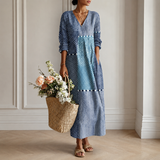 Women's Boho Floral Print Maxi Dress, V Neck 3/4 Sleeve Loose Casual Long Dress with Pockets