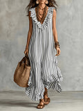 Bohemian Striped Dress Women'S Summer V-Neck Ruffled Sleeveless Loose Flared Vacation Long Dress