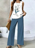 Women Two Piece Sets Boho Floral Dressy Casual Going Out Outfit Sleeveless Tiered Tank Top Wide Leg Pant Trendy Suit