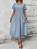 Women's Elegant Batwing Sleeve Dress - Directional Front Pleated Patch Pocket, Summer Casual Dress Loose Fit