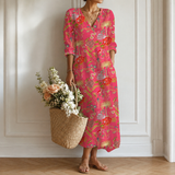 Women's Boho Floral Print Maxi Dress, V Neck 3/4 Sleeve Loose Casual Long Dress with Pockets