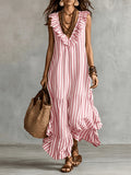 Bohemian Striped Dress Women'S Summer V-Neck Ruffled Sleeveless Loose Flared Vacation Long Dress