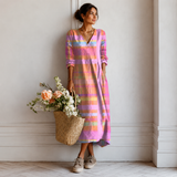 Women's Boho Floral Print Maxi Dress, V Neck 3/4 Sleeve Loose Casual Long Dress with Pockets