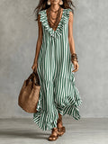 Bohemian Striped Dress Women'S Summer V-Neck Ruffled Sleeveless Loose Flared Vacation Long Dress