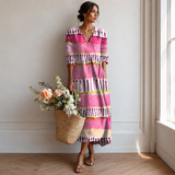 Women's Boho Floral Print Maxi Dress, V Neck 3/4 Sleeve Loose Casual Long Dress with Pockets