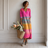 Women's Boho Floral Print Maxi Dress, V Neck 3/4 Sleeve Loose Casual Long Dress with Pockets