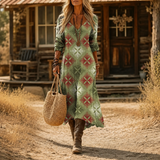 Women's Boho Floral Print Maxi Dress, V Neck 3/4 Sleeve Loose Casual Long Dress with Pockets