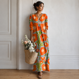 Women's Boho Floral Print Maxi Dress, V Neck 3/4 Sleeve Loose Casual Long Dress with Pockets
