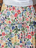 Women's Summer Floral Print Maxi Skirt, Casual High-Waisted Outdoor Skirt, Ruffled Hem Skirt Glossy Texture