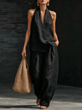 Women's Casual Halter Neck Sleeveless Top and Wide Leg Pants Slub Linen Two-Piece Set