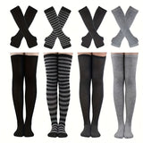 Striped Knee-High Socks with Knit Sleeves and Fingerless Gloves Polyester and Polyamide, Ideal for Vacation and Party Outfits
