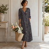 Women's Boho Floral Print Maxi Dress, V Neck 3/4 Sleeve Loose Casual Long Dress with Pockets