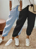2Pcs Women's Cotton Drawstring Elastic Waist Jogger Pants, Roll Cuff Ankle Casual Tapered Trousers with Side Pockets
