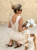 Women's Solid Color Bohemian High-Waisted Wide-Leg Jumpsuit Round Neck Back Lace Patchwork for Parties & Daily Wear