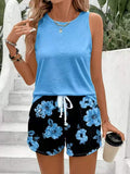Women's 2 Piece Casual Outfit, Solid Sleeveless Tank Top and Floral Print Drawstring Shorts Set, Summer Vacation Co-Ord
