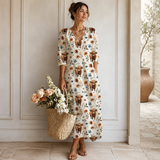 Women's Boho Floral Print Maxi Dress, V Neck 3/4 Sleeve Loose Casual Long Dress with Pockets