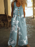 Women's Floral Button Front Coverall Jumpsuit - High Waist Wide Leg Romper with Pockets for Summer Beach Daily Wear