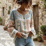 Women’s Boho Embroidered Blouse Long Sleeve Floral Patchwork Lace Trim Casual Loose Tops Blue Pink