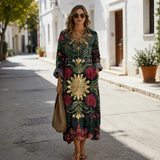 Women's Boho Floral Print Maxi Dress, V Neck 3/4 Sleeve Loose Casual Long Dress with Pockets