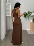 Women's Solid Color Asymmetrical Neckline Sleeveless Casual Dress, Summer Style, Built-in Bra