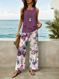 Women Two Piece Sets Boho Floral Dressy Casual Going Out Outfit Sleeveless Tiered Tank Top Wide Leg Pant Trendy Suit