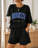 Women’s 2 Piece Cotton Outfits Oversized Graphic T Shirt and Biker Shorts Set Casual Summer Lounge Set Black