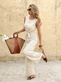Women's Solid Color Bohemian High-Waisted Wide-Leg Jumpsuit Round Neck Back Lace Patchwork for Parties & Daily Wear