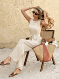 Women's Solid Color Bohemian High-Waisted Wide-Leg Jumpsuit Round Neck Back Lace Patchwork for Parties & Daily Wear