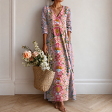 Women's Boho Floral Print Maxi Dress, V Neck 3/4 Sleeve Loose Casual Long Dress with Pockets