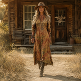 Women's Boho Floral Print Maxi Dress, V Neck 3/4 Sleeve Loose Casual Long Dress with Pockets