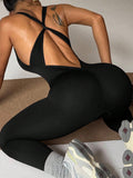 Women Deep V Sleeveless Ribbed Workout Jumpsuit High Stretch Bodycon One Piece Gym Yoga Bodysuit Pants