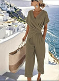 Women’s 2 Piece Summer Outfits Short Sleeve Wrap Top and Wide-Leg Pants Set Casual Resort Lounge Set with Pockets