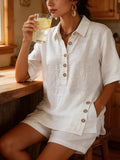 2pcs Women's Comfortable Loose Button-Up Shirt And Shorts Breathable Pocket Combo, Casual Vacation Summer Outfit