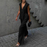 Women's 2 Piece Cotton Set Sleeveless V Neck Top and Wide Leg Pants Set, Comfortable and Soft for Casual and Summer Wear