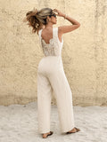 Women's Solid Color Bohemian High-Waisted Wide-Leg Jumpsuit Round Neck Back Lace Patchwork for Parties & Daily Wear