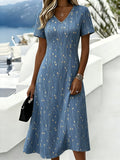 Women Bohemian V-Neck Short-Sleeved Midi Dress Spring Romantic Blue Background Golden Branch Print Beach Holiday Style