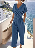Women’s 2 Piece Summer Outfits Short Sleeve Wrap Top and Wide-Leg Pants Set Casual Resort Lounge Set with Pockets