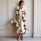 Women's Boho Floral Print Maxi Dress, V Neck 3/4 Sleeve Loose Casual Long Dress with Pockets