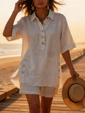 2pcs Women's Comfortable Loose Button-Up Shirt And Shorts Breathable Pocket Combo, Casual Vacation Summer Outfit